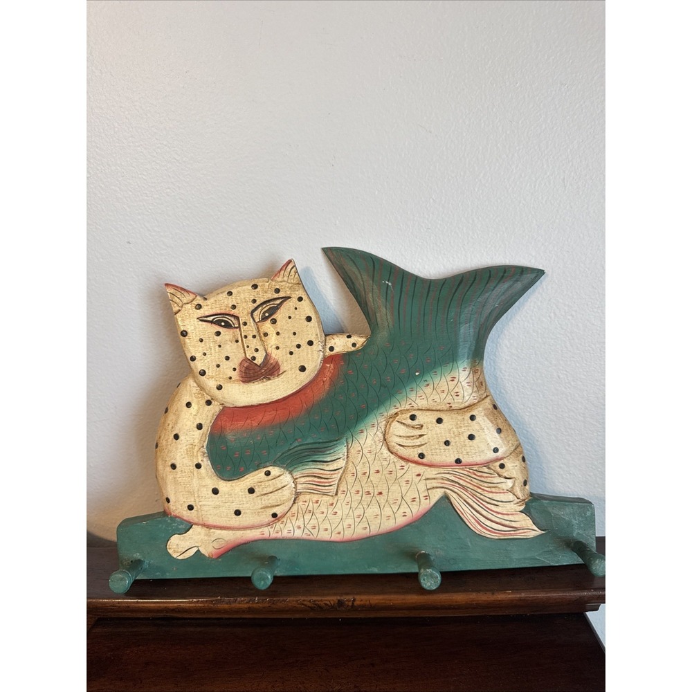 14.5"x10" Carved Wooden Cat Fish Wall Mount Hanger Rack with 4 Pegs